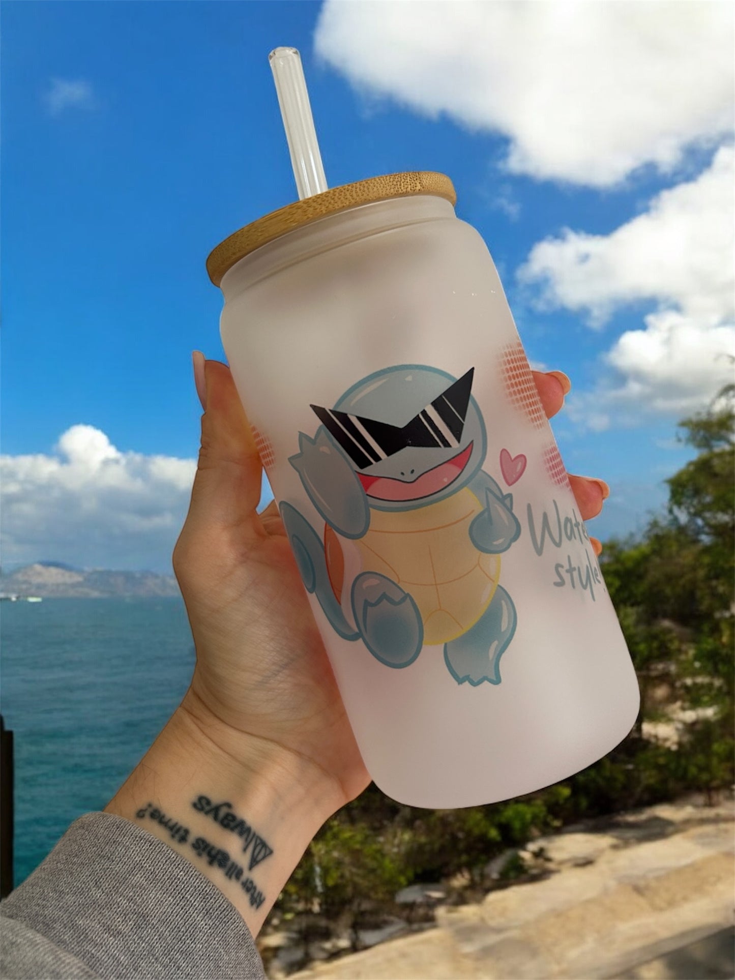 Bicchiere di vetro Squirtle Pokèmon fanmade - tappo in bamboo