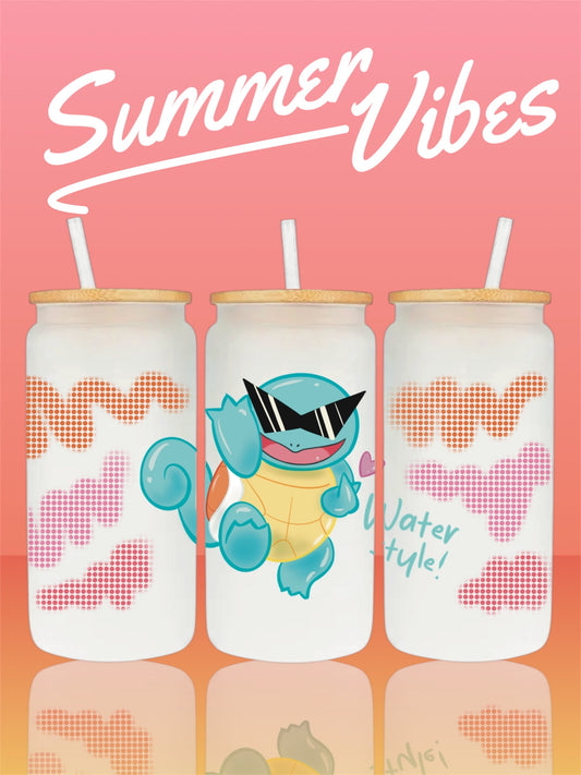 Bicchiere di vetro Squirtle Pokèmon fanmade - tappo in bamboo